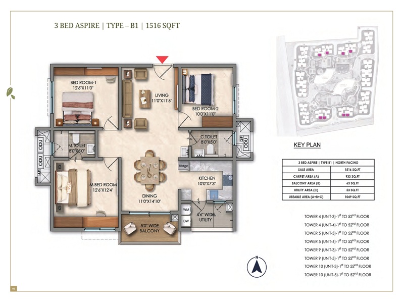 Prestige Golden Grove 3 BHK Floor Plan 1516 Sq Ft