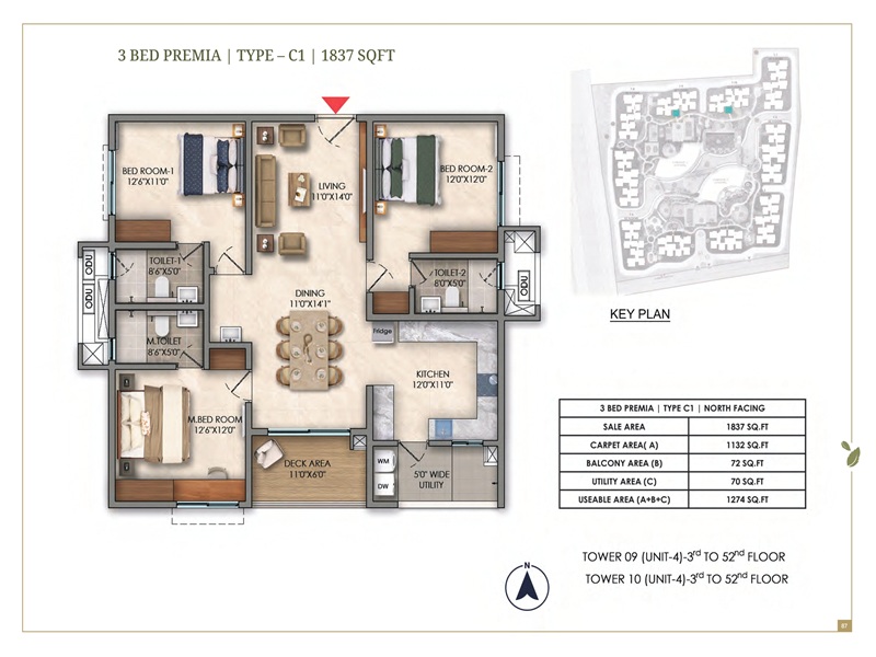 Prestige Golden Grove 3 BHK Floor Plan 1837 Sq Ft