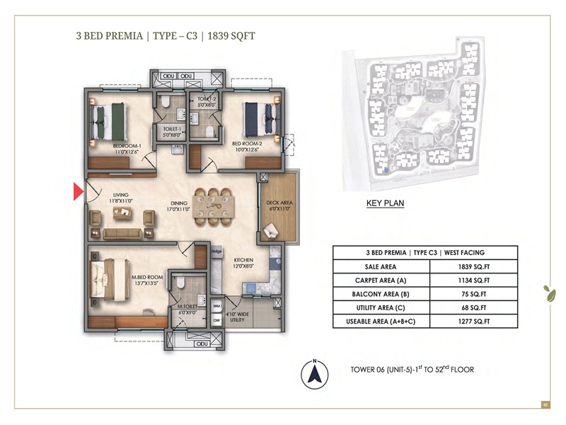 Prestige Golden Grove 3 BHK Floor Plan 1839 Sq Ft