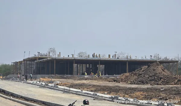 A wide-angle view of the ongoing construction at Prestige Golden Grove, showing the structural framework of a building with workers on site, surrounded by excavated land and newly laid road curbing.