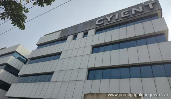 Exterior view of the Cyient corporate office building located near Prestige Golden Grove, highlighting the project's proximity to major technology and engineering firms in Hyderabad.
