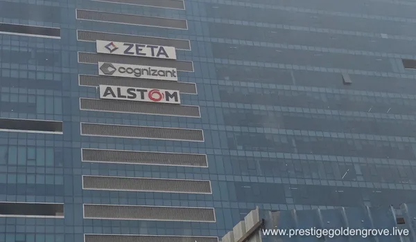 Modern office tower near Prestige Golden Grove featuring corporate offices of Cognizant, Zeta, and Alstom in the Uppal IT corridor, Hyderabad.