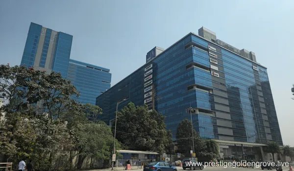 Main Entrance view of the sprawling GAR Infobahn corporate campus near Prestige Golden Grove, showcasing multiple blue glass office buildings that house global companies like Amazon and Capgemini.