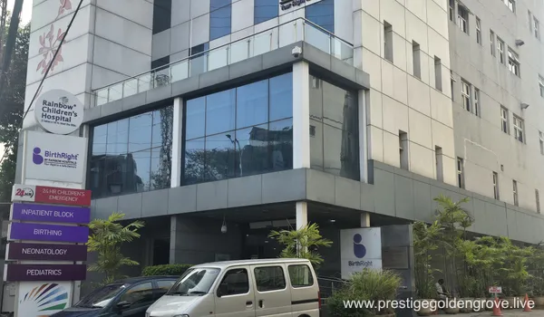 The main entrance and emergency drop-off zone of Rainbow Children's Hospital. For residents of Prestige Golden Grove, this major healthcare hub is located at an approximate distance of 11 to 13 km, providing specialized pediatric and maternal care.