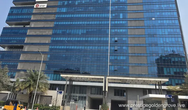 Major IT Hub and corporate office tower at GAR Infobahn near Prestige Golden Grove, featuring prominent corporate offices of Amazon, PepsiCo, Alstom, and Cognizant in the Kokapet-Uppal IT corridor, Hyderabad.