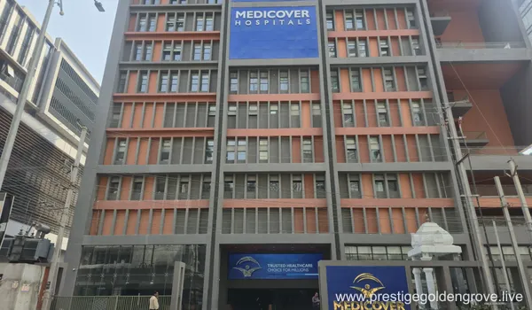 A view of the Medicover Hospital building, a multi-specialty healthcare provider located near the Prestige Golden Grove residential project in the Velimela and Kollur corridor, Hyderabad.
