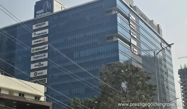 Multinational Companies of GAR Infobahn building signage near Prestige Golden Grove, featuring major corporate offices including Amazon, PepsiCo, Conduent, IntouchCX, and Capgemini.