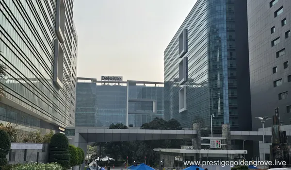 Meenakshi Techpark, featuring the Deloitte towers in Gachibowli, located approximately 9 to 12 km from Prestige Golden Grove, offering a prime residential choice for professionals working in the Gachibowli-HITEC City hub.
