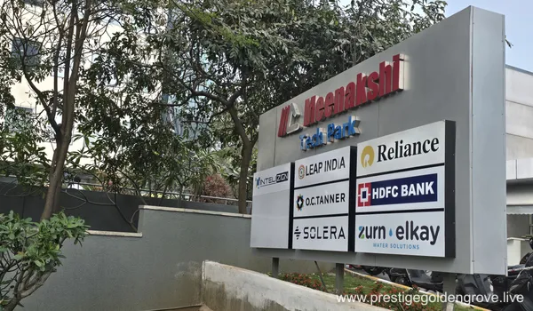 Meenakshi Tech Park in Gachibowli, featuring corporate offices for Deloitte, Xilinx, and iKeva, located a short commute away from the Prestige Golden Grove residential project in Tellapur.